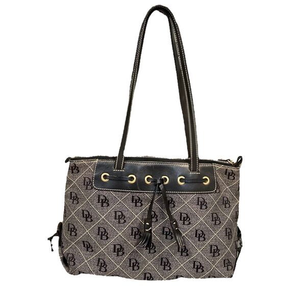 Dooney & Bourke Handbags - Vintage Dooney Bourke Black Monogram Authentic Canvas Leather Bag Tote Y2K
